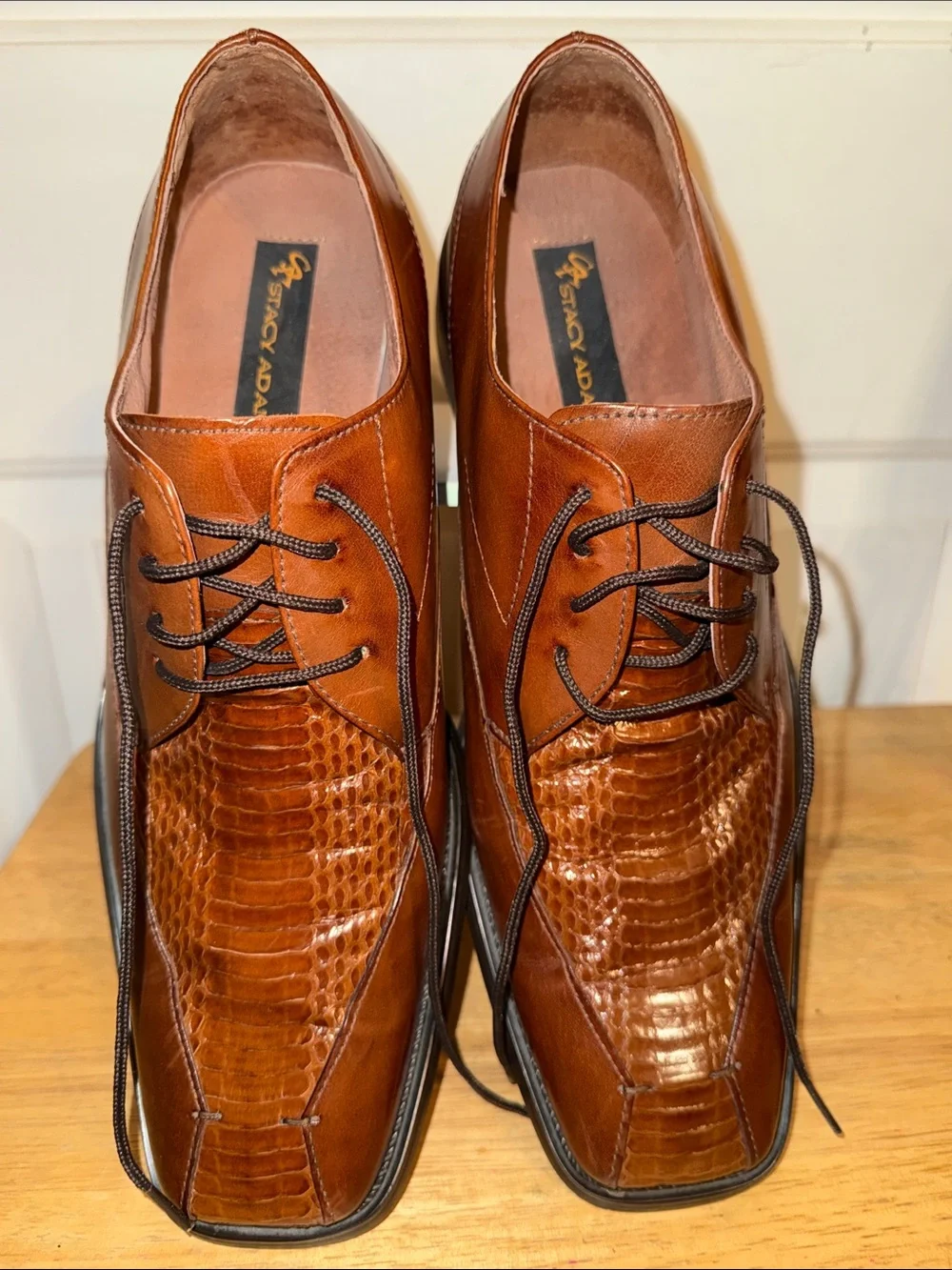 Stacy Adams Cognac Brown Leather Lace-Up Oxfords with Croc GENUINE  SNAKE